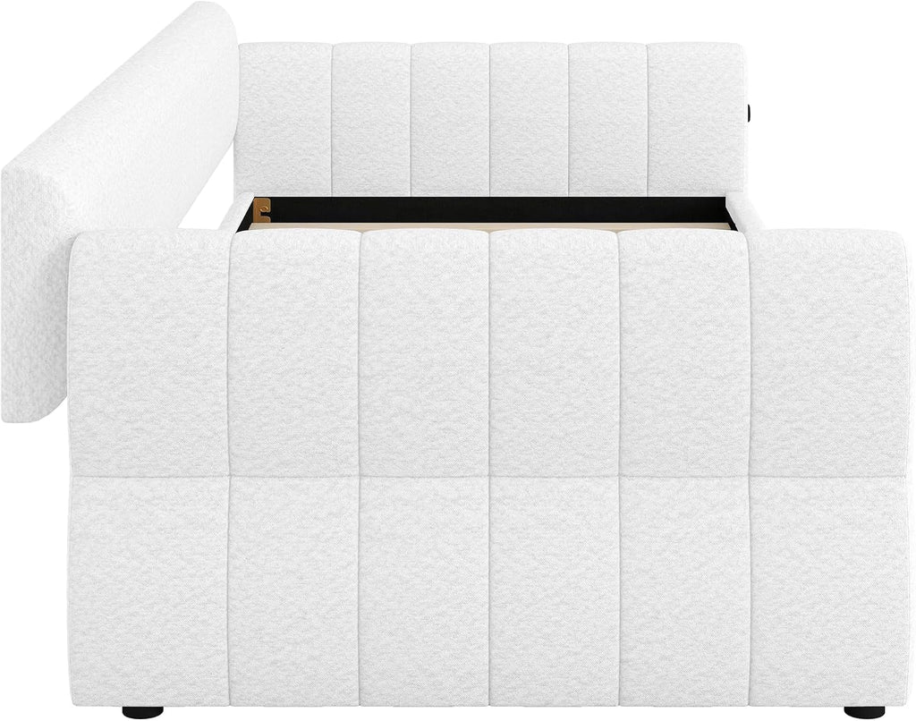 Queen Size Daybed with Trundle, Upholstered Daybed with USB Ports, Fleece Upholstered Platform Bed Frame with Twin XL