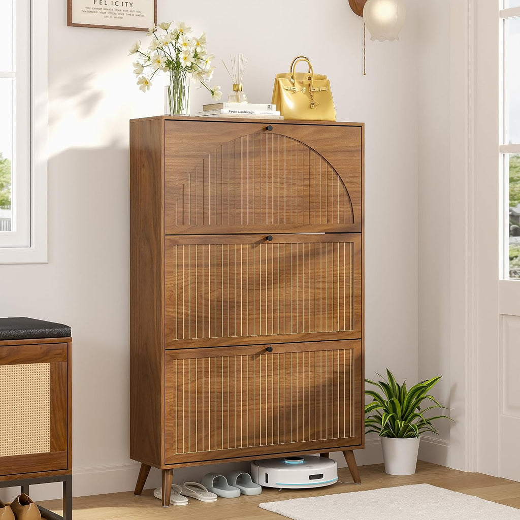 Shoe Storage Cabinet with 3 Flip Drawers, Narrow Shoe Organizer with Fluted Panel, Freestanding Wood Hidden Shoe
