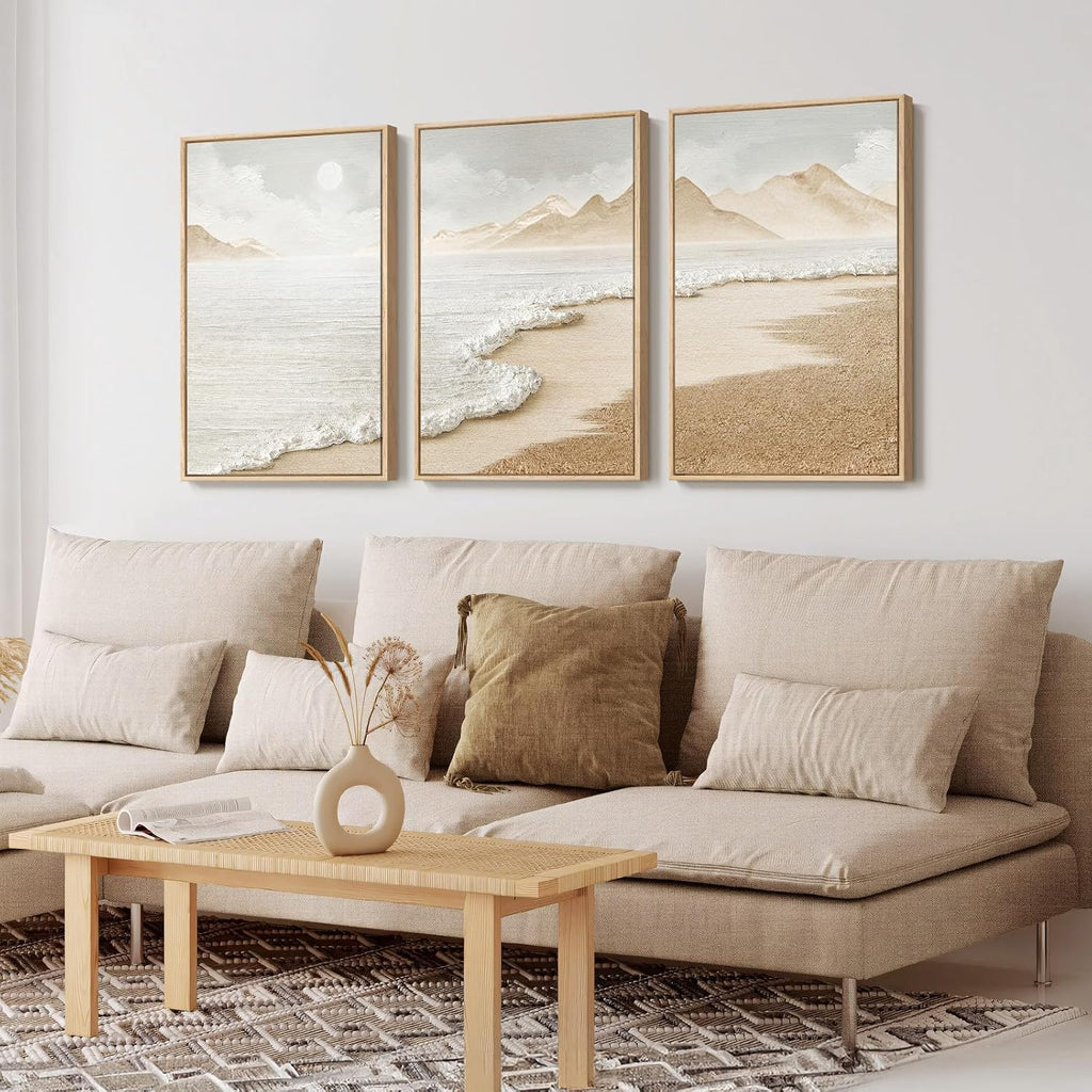 Large Framed Boho Abstract Beach Wall Art, 24x36 Inch - Set of 3
