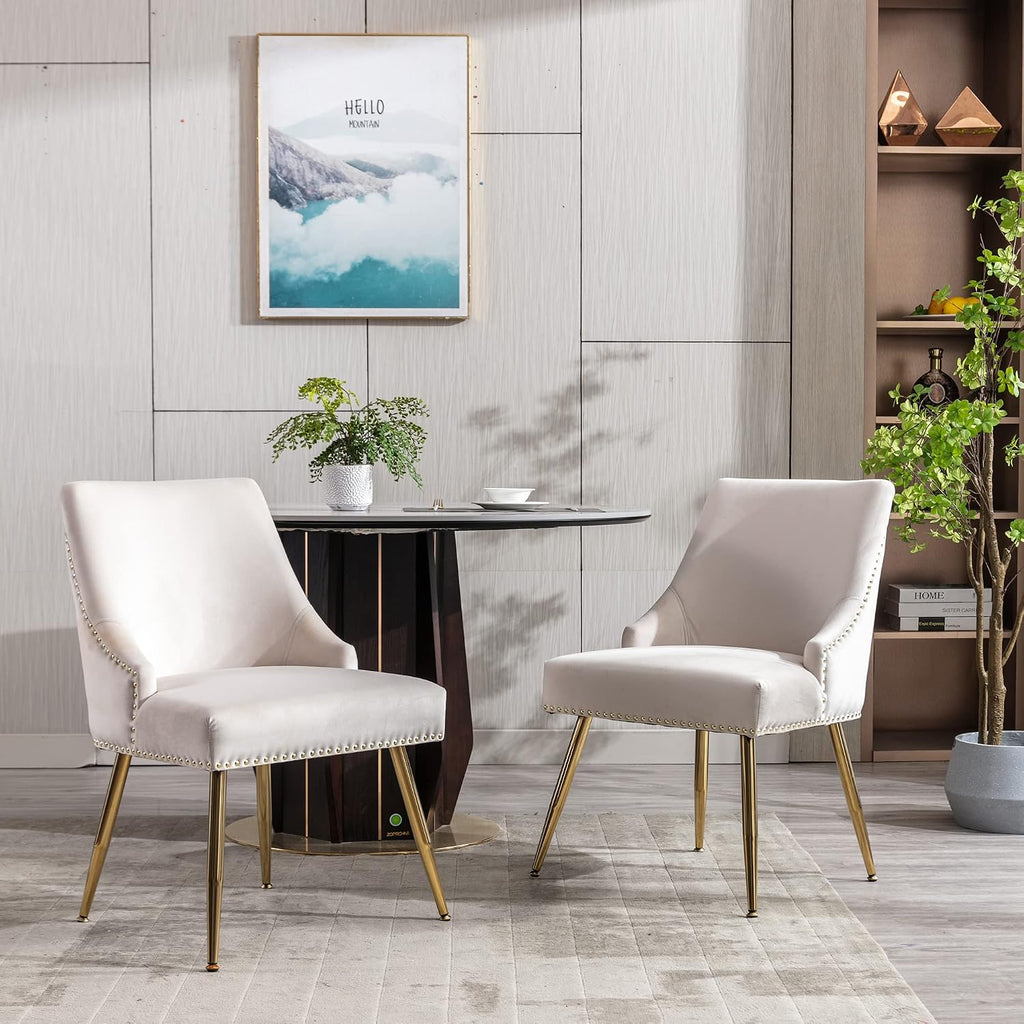 Velvet Dining Room Chairs Set of 4 Nailhead Back Ring Pull Trim with Gold Legs for Kitchen Living Room(Beige)