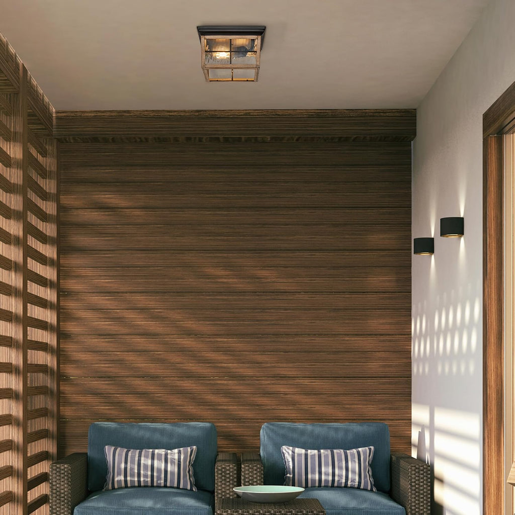 Outdoor Flush Mount Ceiling Light Fixture, Wood Grain, 2-Light | Water Glass, Square Farmhouse, Porch or Patio Light