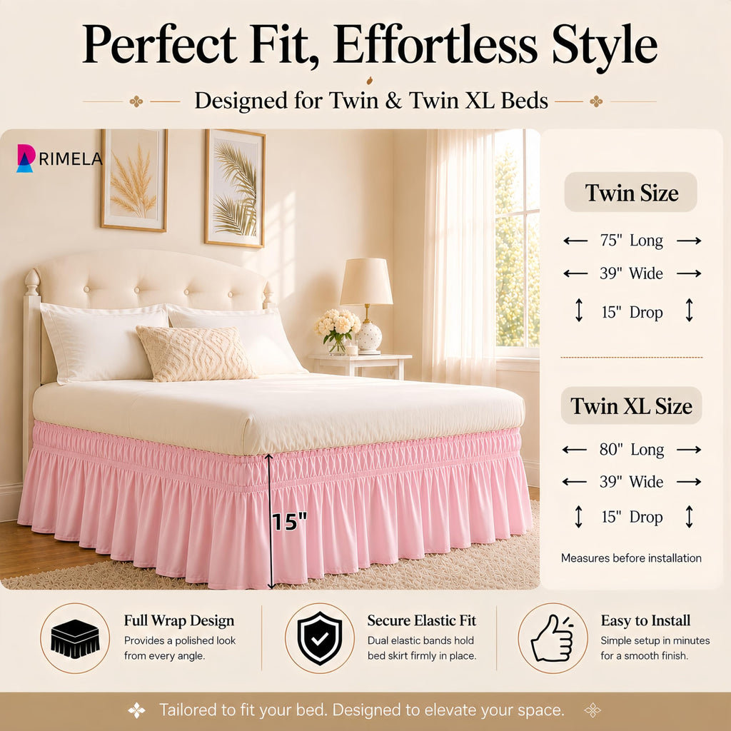 Pink Bed Skirt Twin Size 15 Inch Drop, Elastic Wrap Around Bedskirt