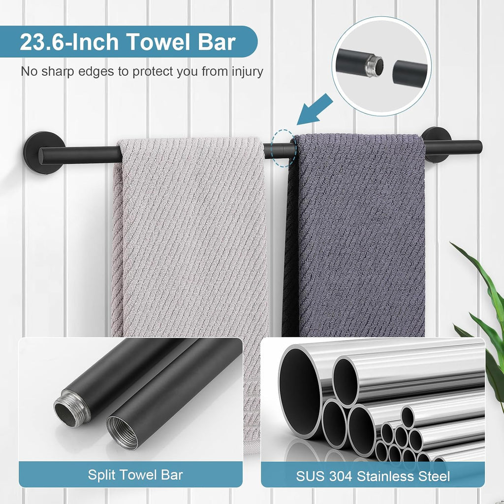 Matte Black Bathroom Hardware Set 5 Pieces, SUS304 Stainless Steel Towel Bar Set Round Bathroom Towel Rack Set Wall