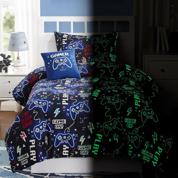 Kids Comforter Set for Boys, Glow in The Dark Gamer Bedding Set 1 Comforter, 1 Decor Pillow, 1 Pillow Sham