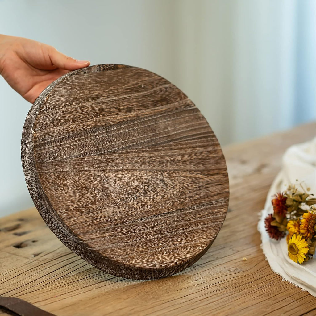Farmhouse Wooden Candle Tray - 11 Inch Round Decorative Trays for Coffee Table Dining Centerpiece Kitchen Counter