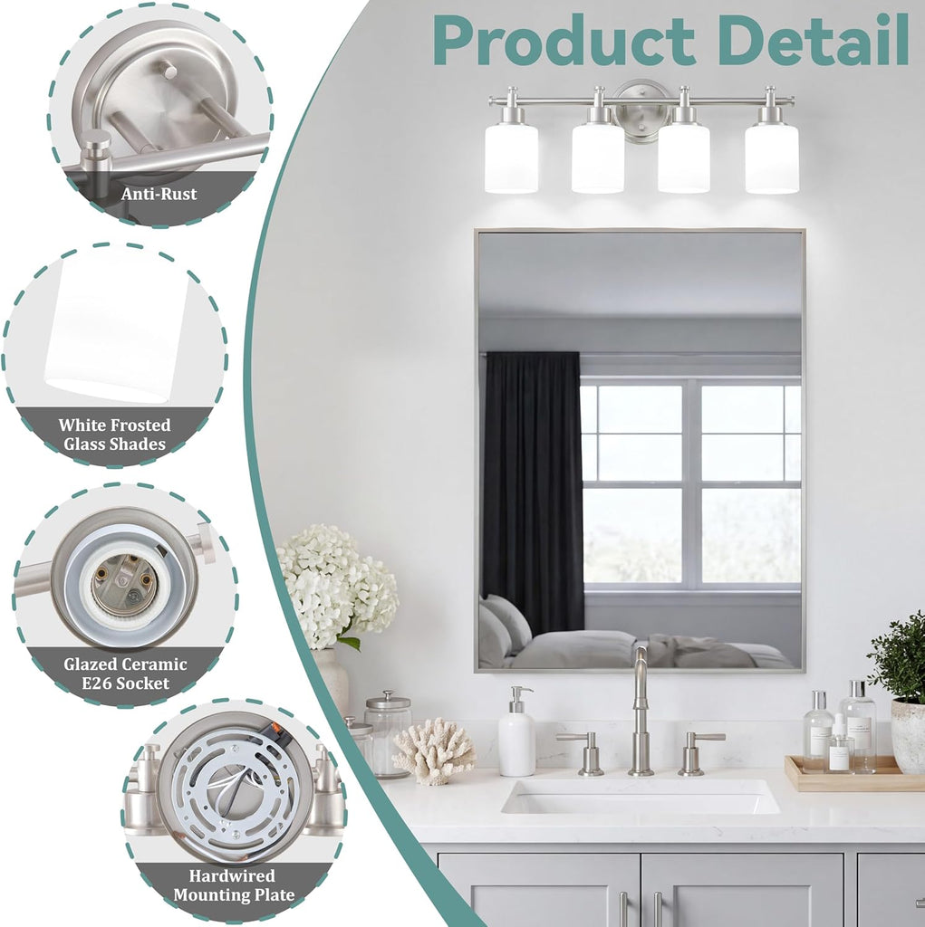 4 Light Bathroom Vanity Light, 23 In Brushed Nickel Vanity Light Fixture | Modern Anti-Rust Wall Sconce over Mirror