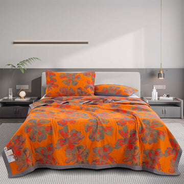 Quilt Set, 100% Cotton Muslin 3-Layer Soft Breathable Lightweight Reversible Bedspread, Jacquard Orange