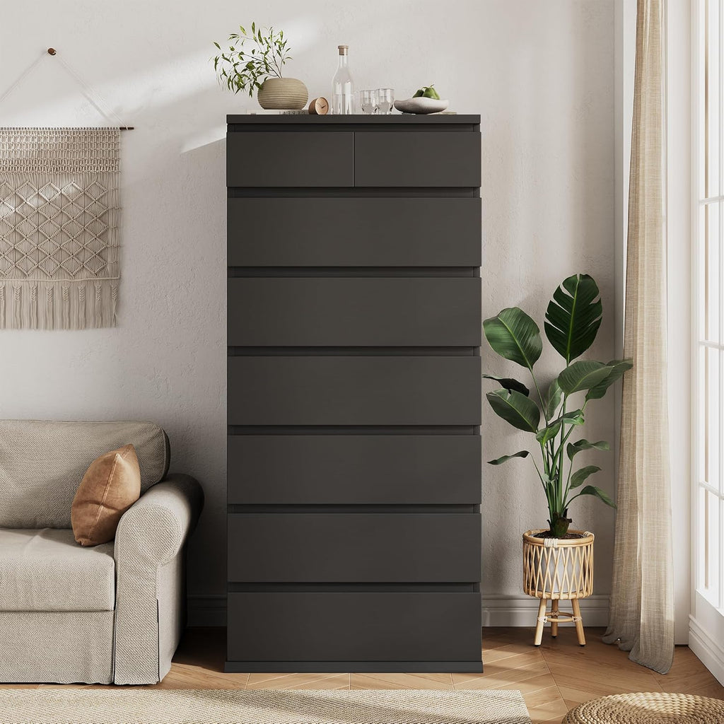 Black Tall 8 Drawer Dresser ,Dressers & Chests of Drawers with Jewelry Storage,Wood Storage Dresser with Deep Drawers