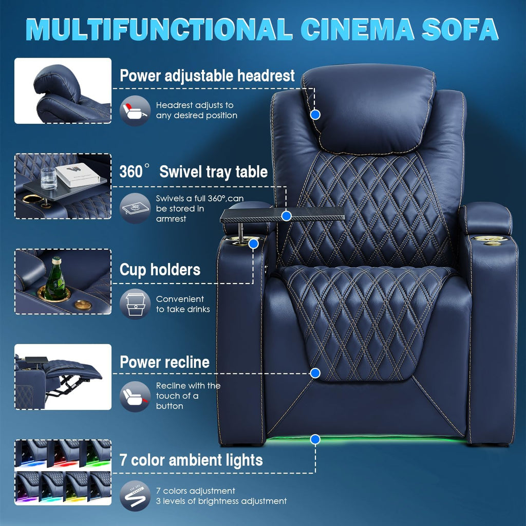 Chic Top Grain Leather Home Theater Seating Power Headrest Recling Movie Gaming Recliner Sofa with 7 Colors Ambient