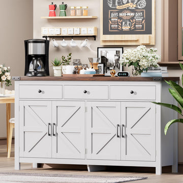 63" Large Sideboard Buffet Cabinet with Storage, Coffee Bar with 3 Drawers and 4 Barn Doors, Modern Farmhouse Storage