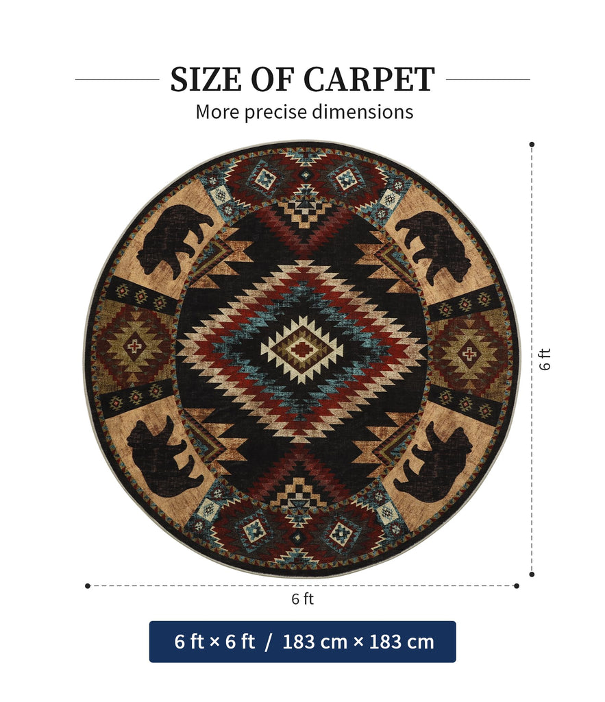 Washable Western Cabin Round Rug, 6ft