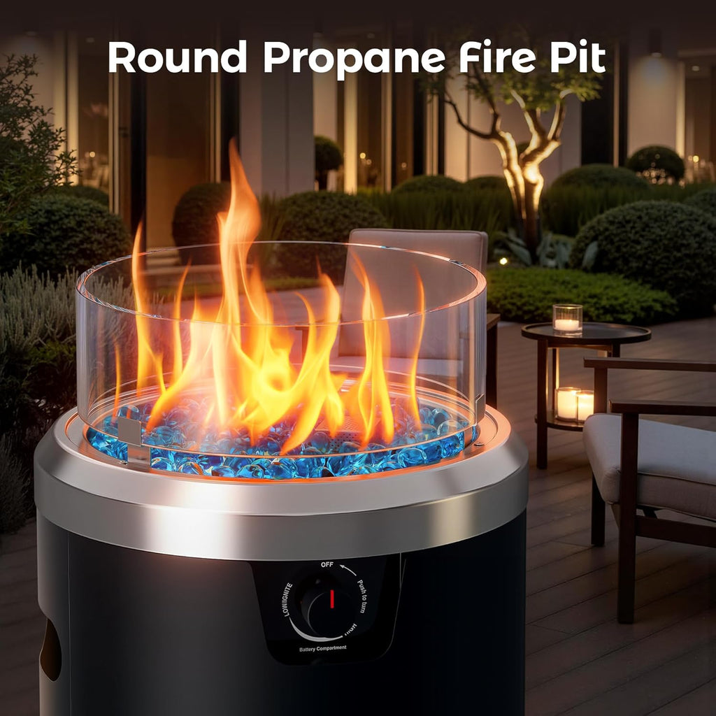 Propane Fire Pit Black, Column Outdoor Fire Pit Round, Outdoor Firepits for Outside Garden, Patio