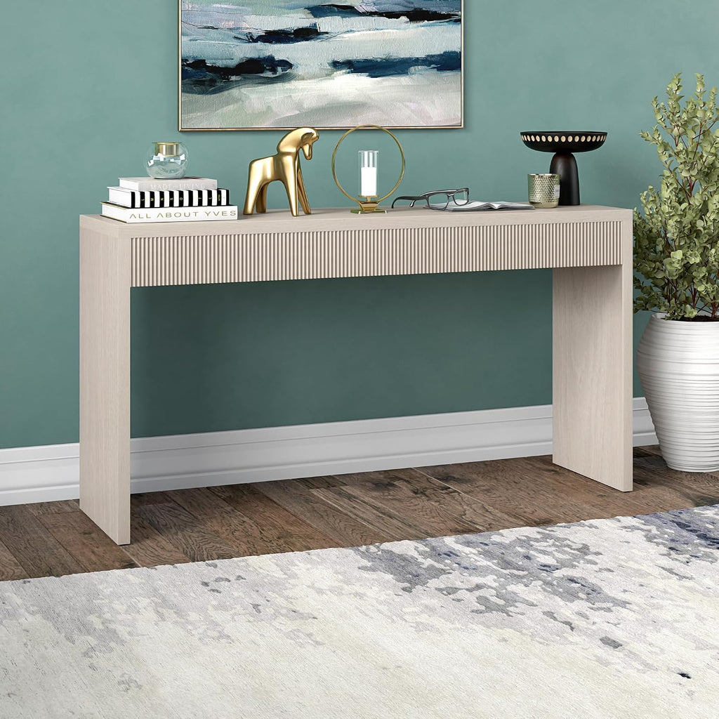 55" Rectangular Fluted Console Table, Ribbed Entryway Table, Sofa Table , Couch, Hallway, or Office, Beech White