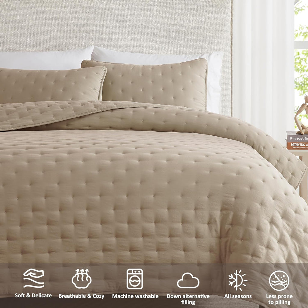 Beige Cloud Quilt Set, Tan Lightweight Farmhouse Bedspread, Rustic Country Coverlet, Taupe Camel Soft Bedding