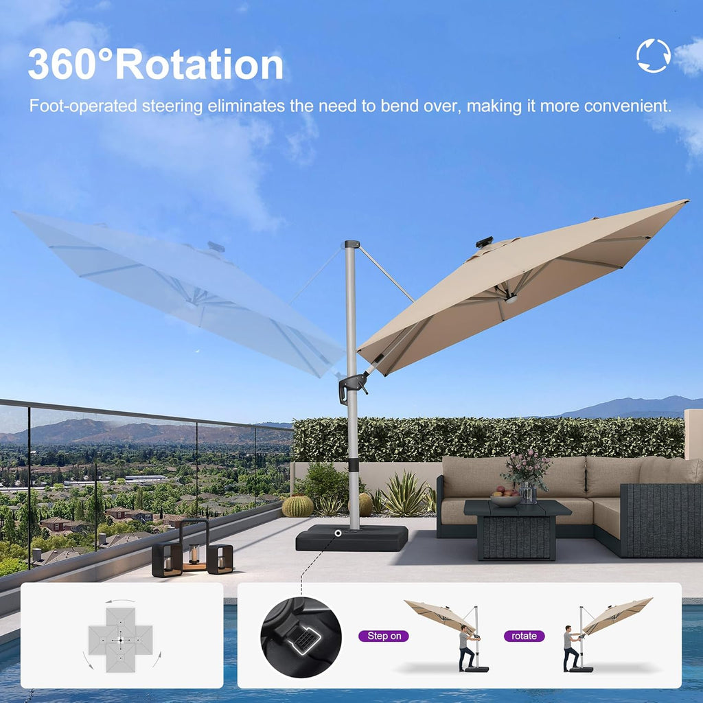 9' X 12' Patio Umbrella with Lights Outdoor Rectangle Cantilever Umbrella Solar Powered LED with 360-degree Rotation