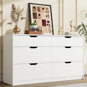 Dresser , 47.2" Modern Wood Chest with 6 Drawers, White | Two Drawer Sizes, Anti-Tip, Storage Cabinet & TV Stand
