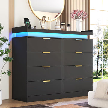 8 Drawer Dressers , Black Dresser with LED Lights and Power Outlet, Wood LED Dresser, Double Wide Modern Chest of
