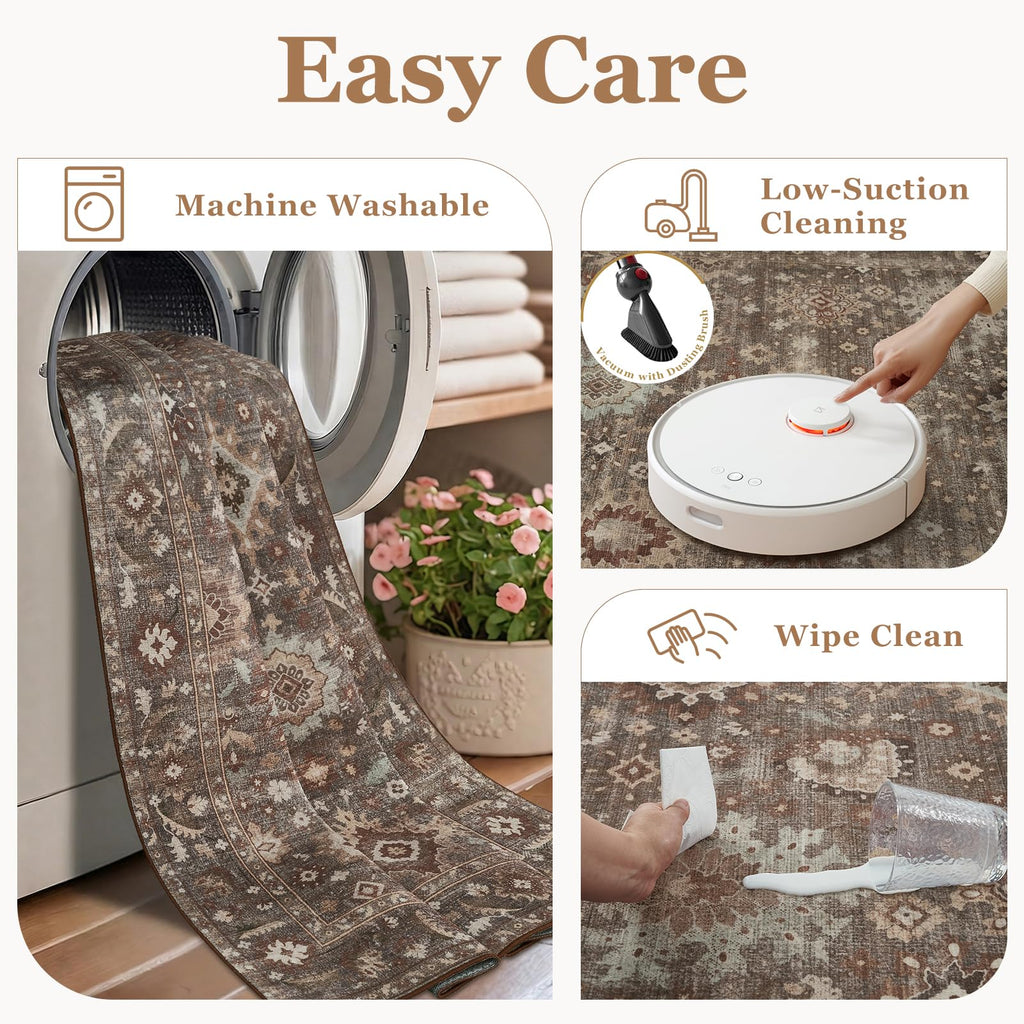 Dark Taupe Oushak Washable Rugs Bedroom, Brown