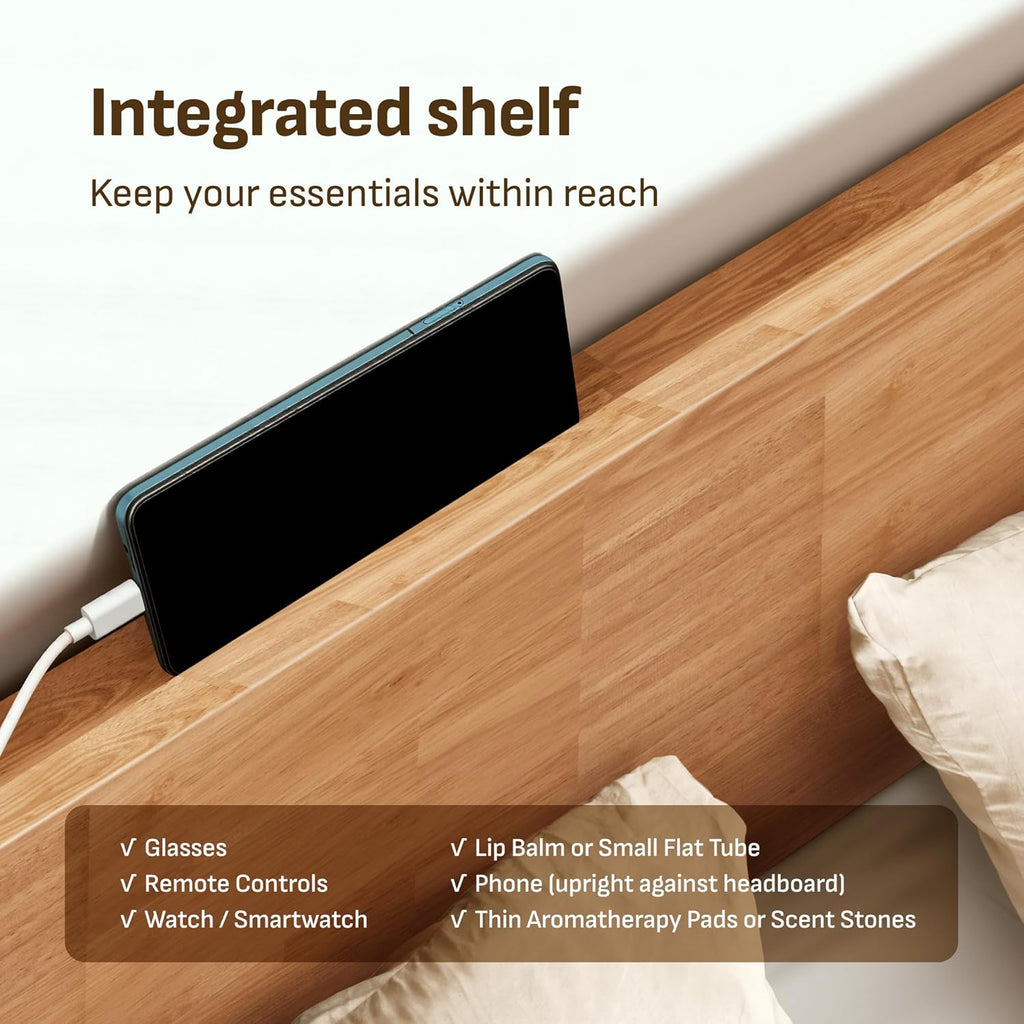 Queen Solid Wood Bed Frame with Headboard, 1100 Lbs Heavy Duty Rubberwood Platform Bed, 15-Min Tool-Free