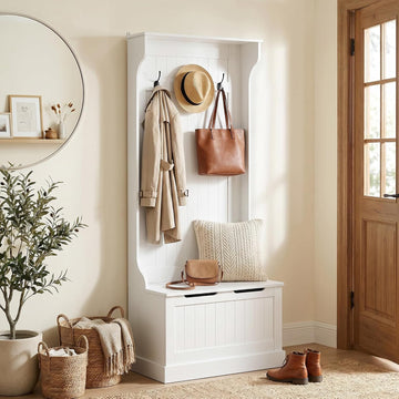 Hall Tree with Bench and Shoe Storage, 3-in-1 Entryway Bench with Coat Rack, 4 Hooks and Flip Top Storage