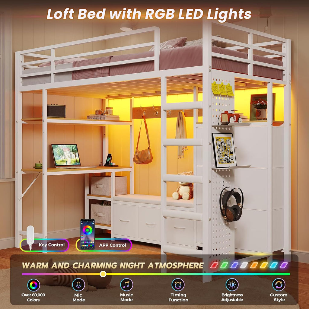 Twin Loft Bed with 6 Storage Drawers,Coat Rack and Open Shelves Metal Twin Loft Bed with Desk,Charging Station and LED