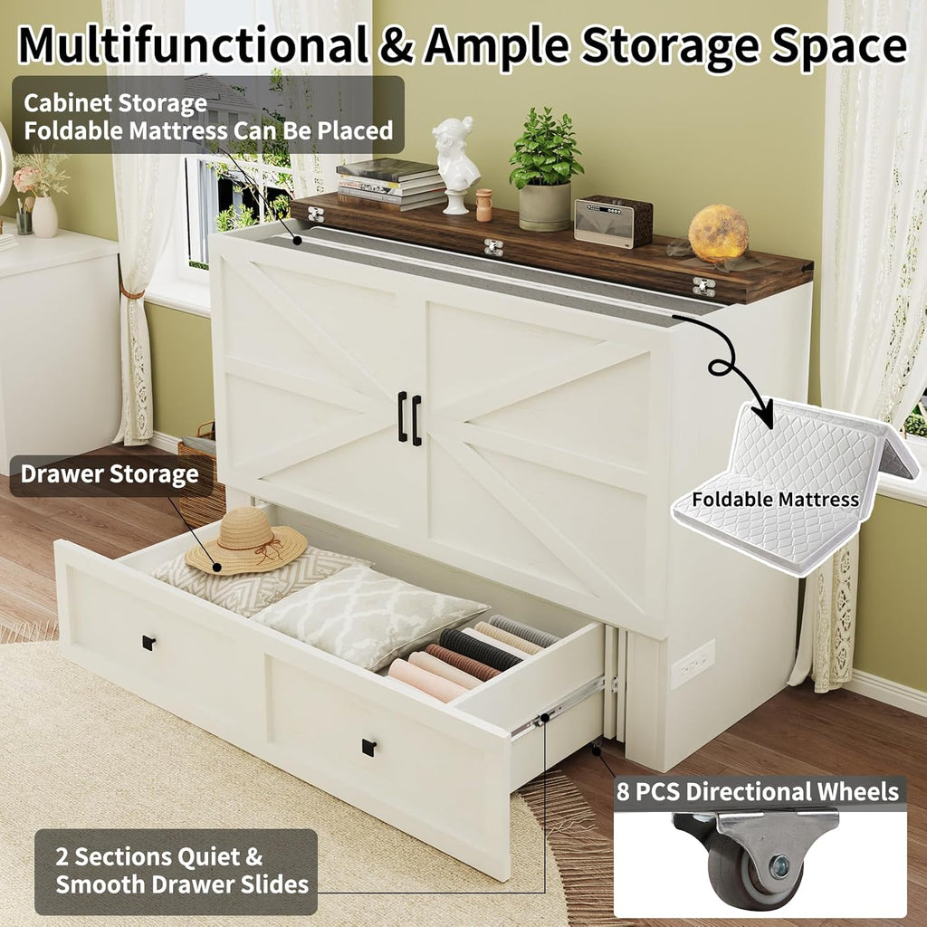 Full Murphy Bed with Charging Station, Cabinet Bed with Large Storage Drawer for Home Office or Small Room, Full