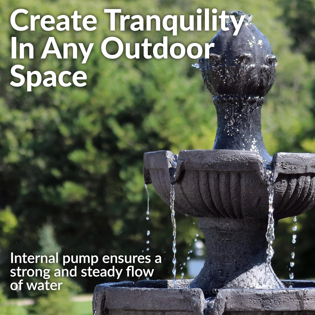 Flower Blossom 43" Tiered Outdoor Water Fountain - 3-Tiered Outdoor Fountain - Black Finish