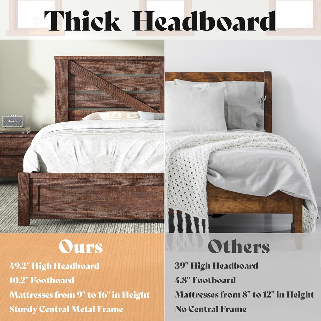 Queen Bed Frame with 49.2" Barn Door Headboard and Footboard, Rustic Farmhouse Platform Bed Frame with Wood Slats, No