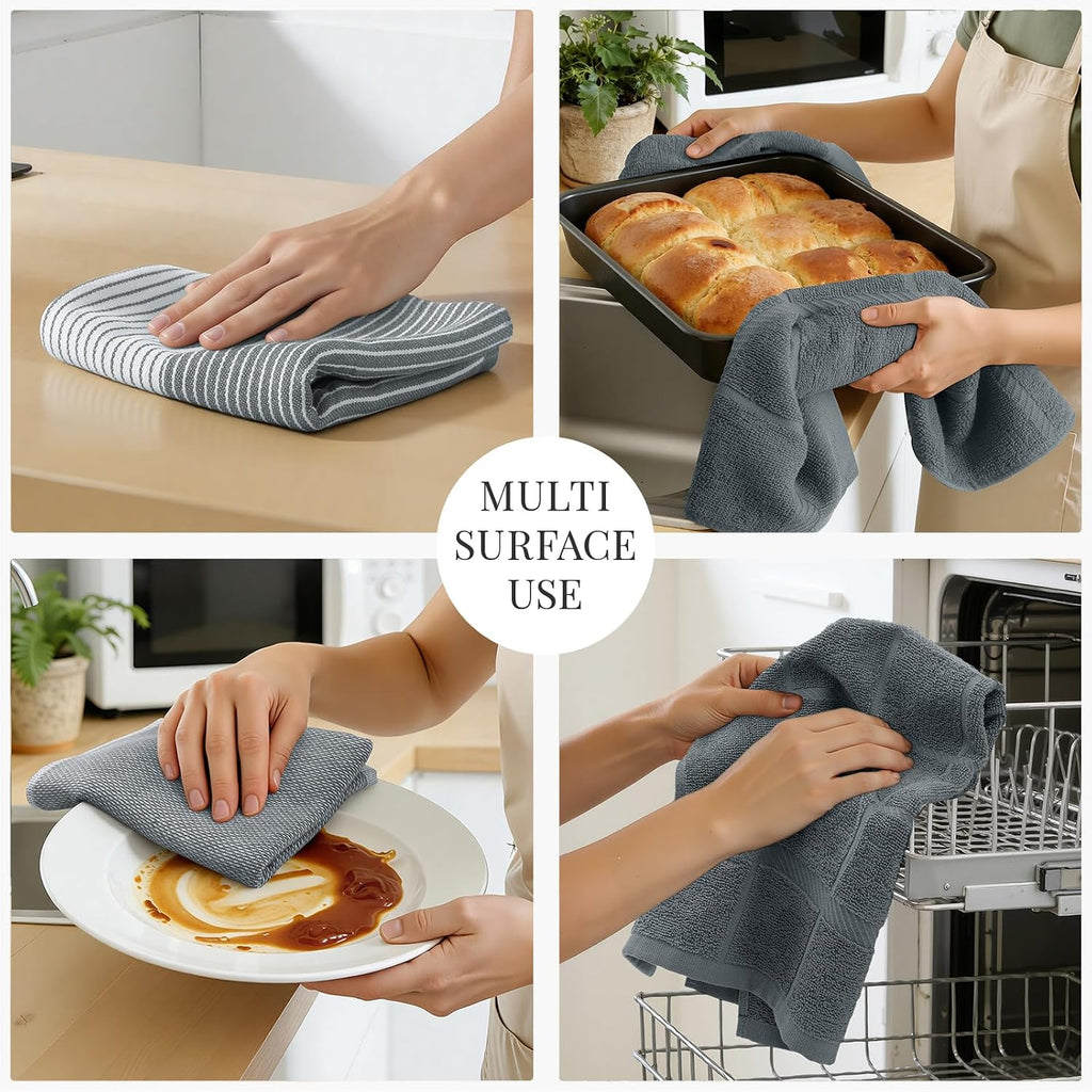 6 Pack Cotton Terry Premium Kitchen Towels, 18 x 28 in, Grey | Large 380 GSM Dish Towels, Highly Absorben Flat &