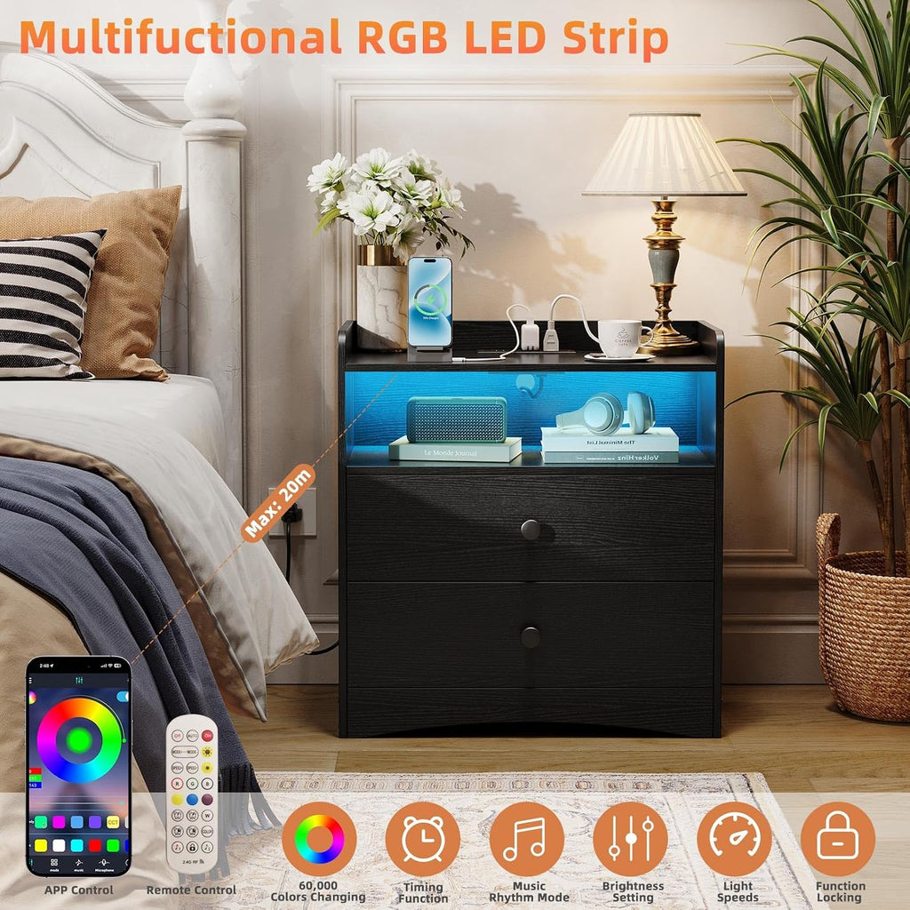 Nightstand with Charging Station and LED Light,Modern Nightstand with USB Ports and Outlets,Wooden Bedside Tables