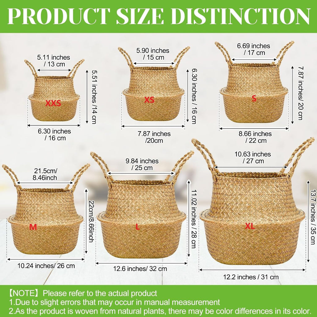 4 Pcs Woven Seagrass Baskets Belly Basket Folding Boho Natural Plant Pot with Handles Round Decorative Wicker Large