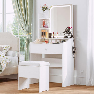 Small Vanity Desk with Mirror Lights and Storage Stool | White compact vanity with 3 light modes, charging station