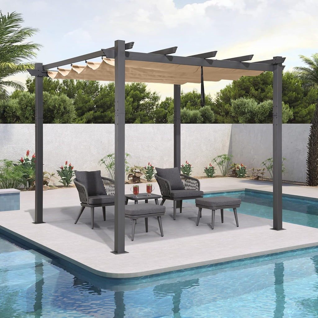 10' X 10' Outdoor Retractable Pergola with Sun Shade Canopy Patio Metal Shelter for Garden Porch Beach Pavilion Grill Gazebo Modern Yard Grape Trellis Pergola, Beige