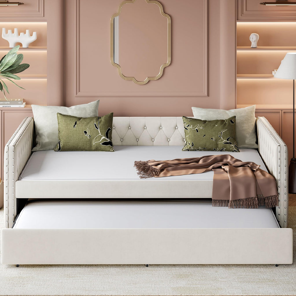 Full Size Upholstered Daybed, Tufted Sofa Bed Frame with Trundle, Corner Day Beds Full and Guest Room, No Box Spring