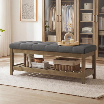 Entryway Storage Bench with Solid Wood Frame, Console Table with Storage, Sofa Table, Ottoman with Tufted Cushion