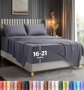 Extra Deep Pocket Queen Sheet Set - 4PCs Fits Up to 21 Inches - Grey - Set of 4