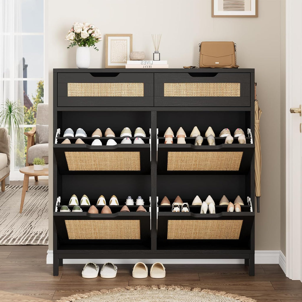 Rattan Shoe Cabinet , Boho Shoe Storage Cabinet with 4 Flip Drawers and 2 Drawers, Narrow Freestanding Shoe Rack with