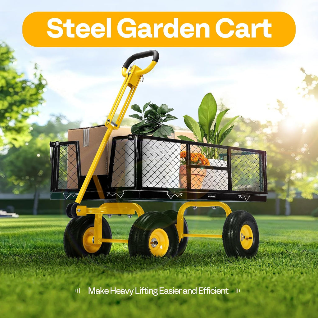 Steel Garden Cart Heavy Duty 900 LBS 4.5 Cu Ft Utility Wagon | Removable Sides, 10 inch Tire and Handle Attach to ATV
