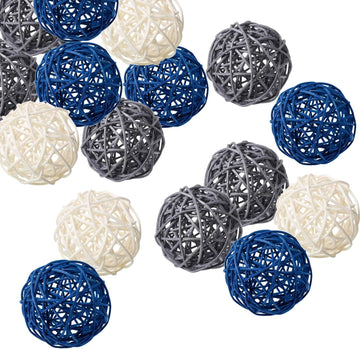 Mixed Blue Gray White Natural Decorative Wicker Rattan Balls- Vase Filler, House Ornament, Christmas Tree - Set of 15