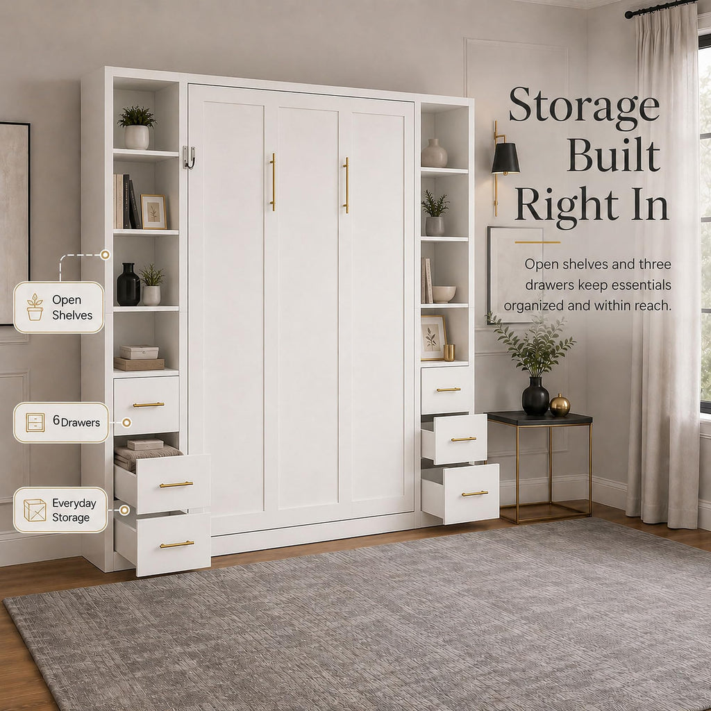 Queen Murphy Bed with Side Storage Cabinets, White Space-Saving Wall Bed