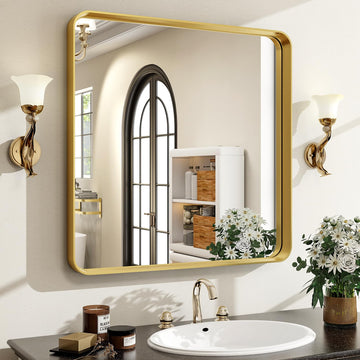 30"x 30" Gold Bathroom Mirror - Aluminum Framed Wall Mirror, Bathroom Wall Mounted Vanity Mirror, Modern Bathroom