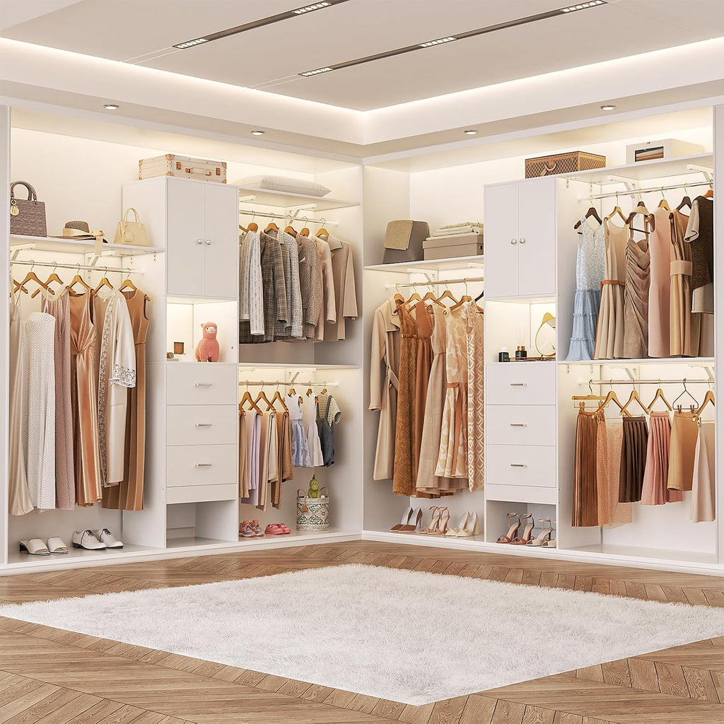 96 Inches Closet System with Doors, 8FT Walk In Closet Organizer with 3 Shelving Towers, Heavy Duty Clothes Garment