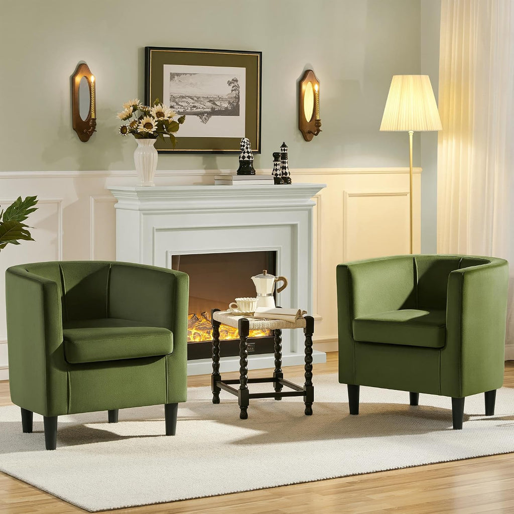 Velvet Accent Chair, Modern and Comfortable Armchairs, Upholstered Barrel Sofa Chair Bedroom Waiting Room, Olive