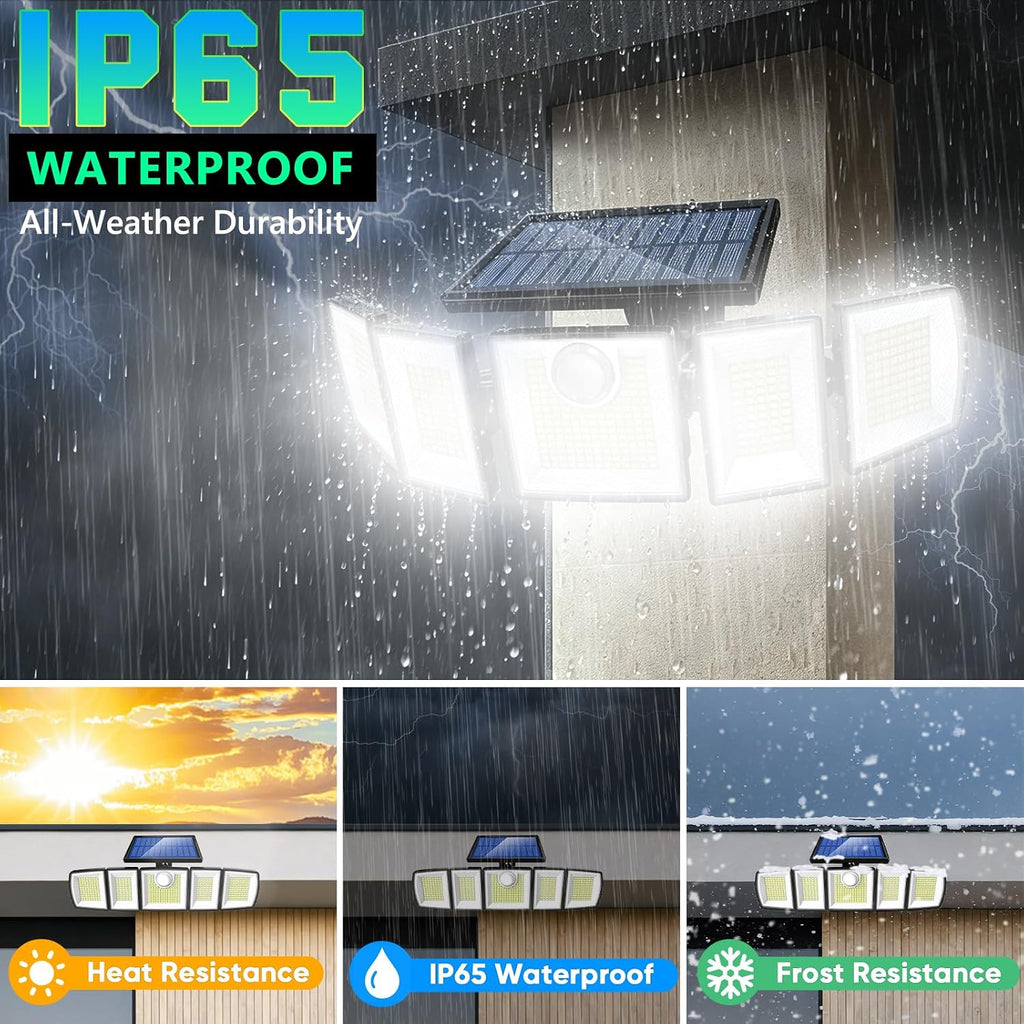 Solar Lights Outdoor Waterproof Motion Sensor - 3000 Lumens 5-Head Adjustable Solar Flood Light, IP65 Waterproof