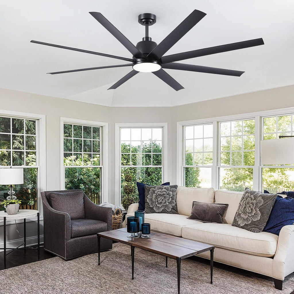 72" Black Ceiling Fan with Lights and Remote Control - Large Industrial Ceiling Fan with 8 ABS Blades, Dimming, DC Motor Reversible, Indoor/Outdoor Modern Ceiling Fan for Living Room, Black