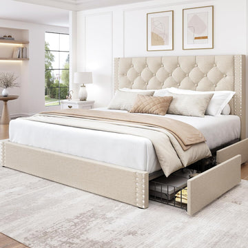 Queen Bed Frame with 4 Storage Drawers and Tufted Headboard Linen Upholstered Platform Bed Frame with Heavy Duty Wood