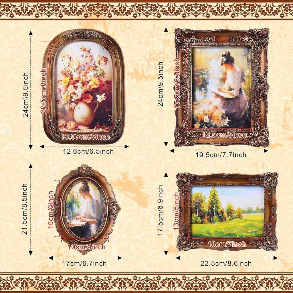 4 Pcs Vintage Picture Frames Set for Gallery Wall, Bronze Ornate Baroque Picture Frames, Antique Victorian Decorative