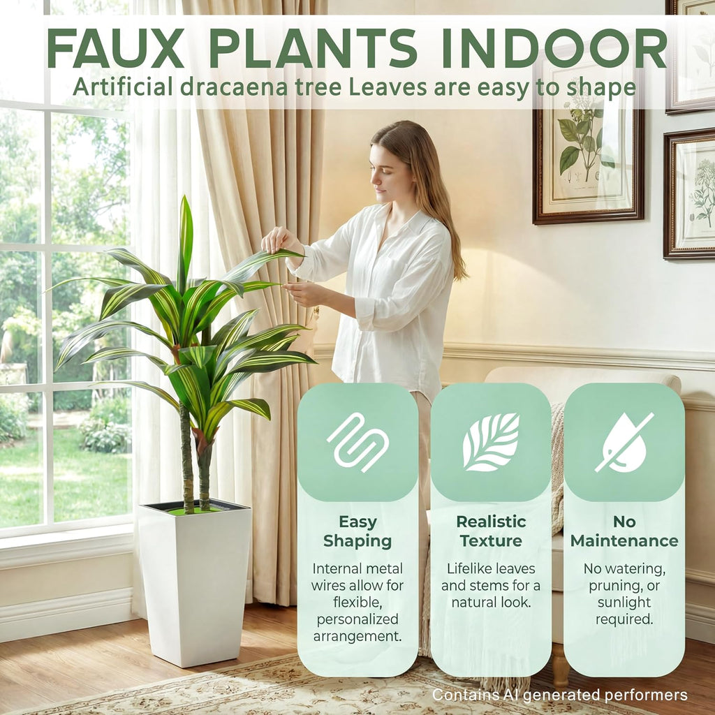 4FT Dracaena Artificial Plant, with White Tall Planter | Fake Tree Indoor,Lifelike Leaves,Leaves Are Easy to