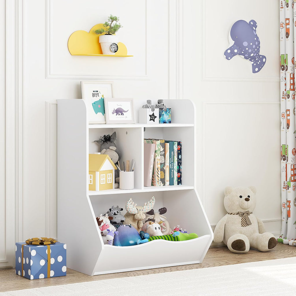 Kids Bookshelf and Toy Storage Organizer, 3 Cubby Kids Bookcase with Open Toy Cabinet, White