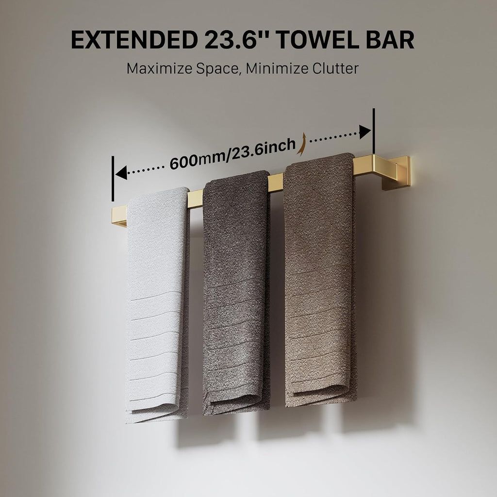 10-Piece 23.6 Inch Brushed Gold Bathroom Hardware Accessories Set | Stainless Steel Bath Extended Towel Bar, Toilet